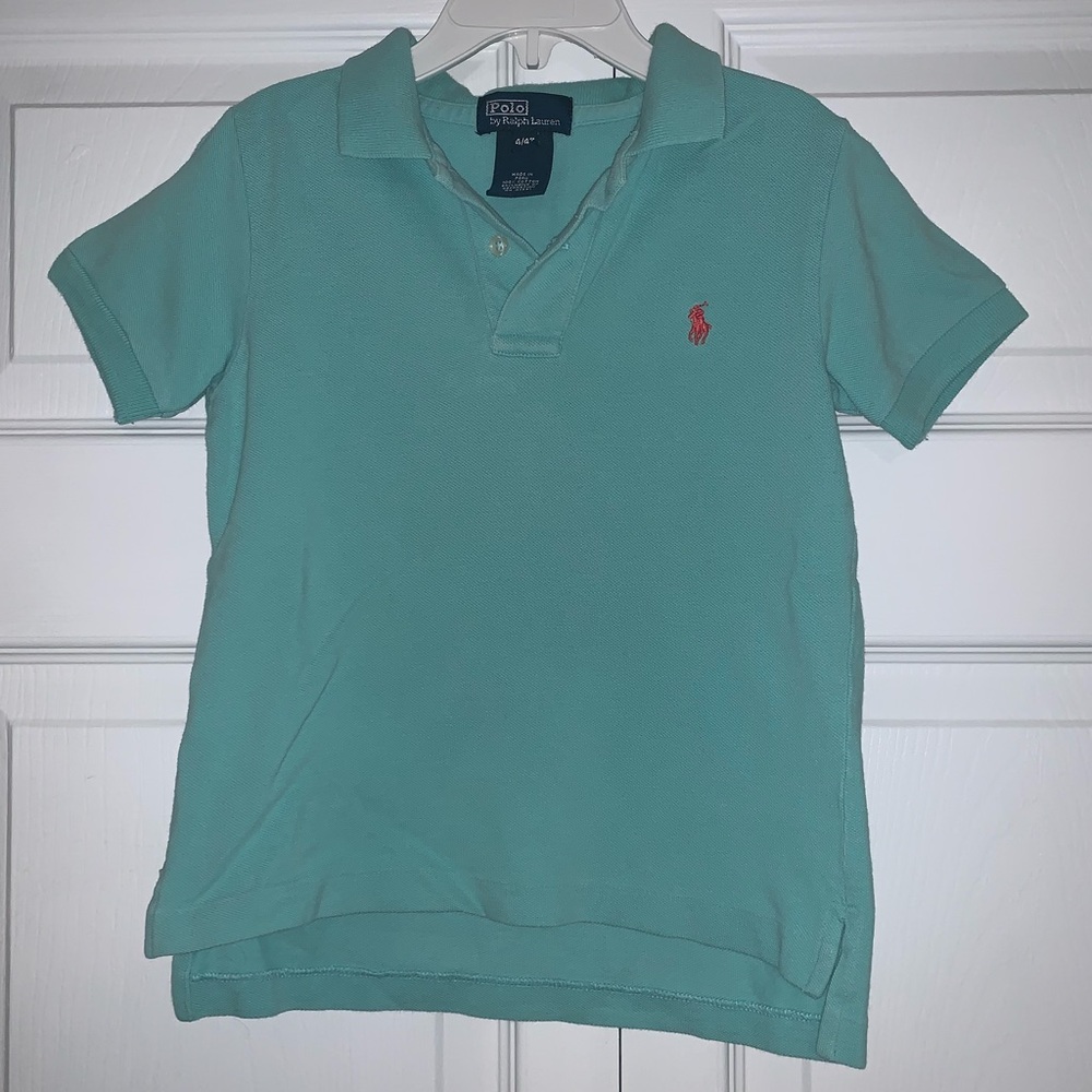 Boys polo turquoise with coral logo EUC SZ 4/4T